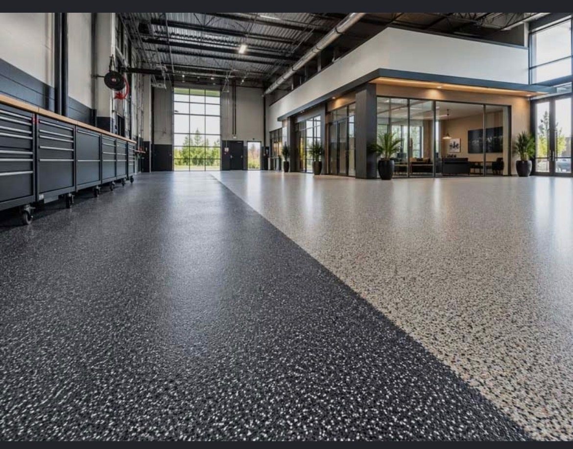 Two-tone flake epoxy floor in a commercial showroom